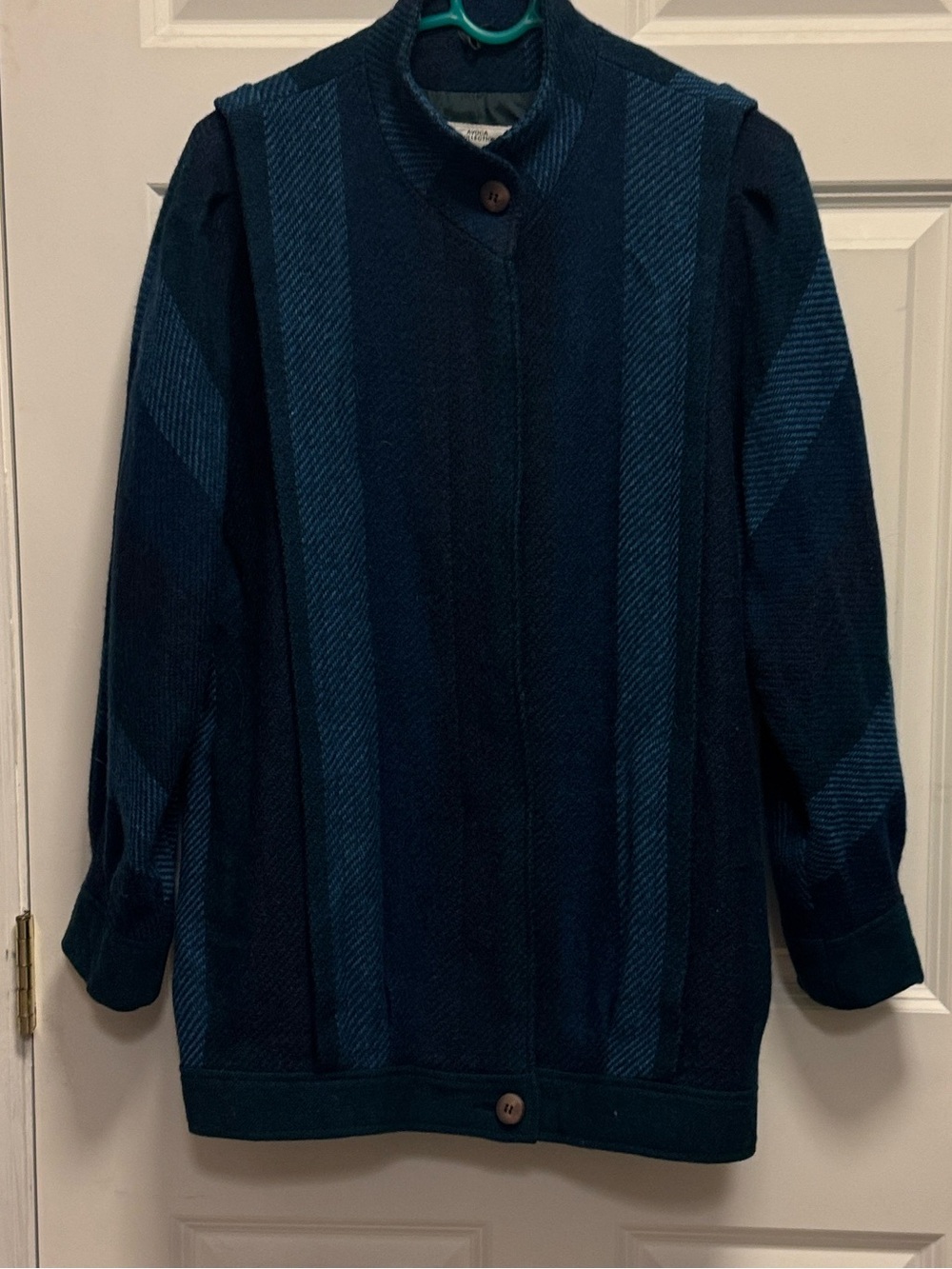 AVOCA Ireland Wool Teal Purple Plaid Stripe Check Hidden Button Mock Neck Coat M